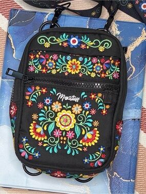 Black Floral Embroidered Crossbody Belt Bag Travel Wallet